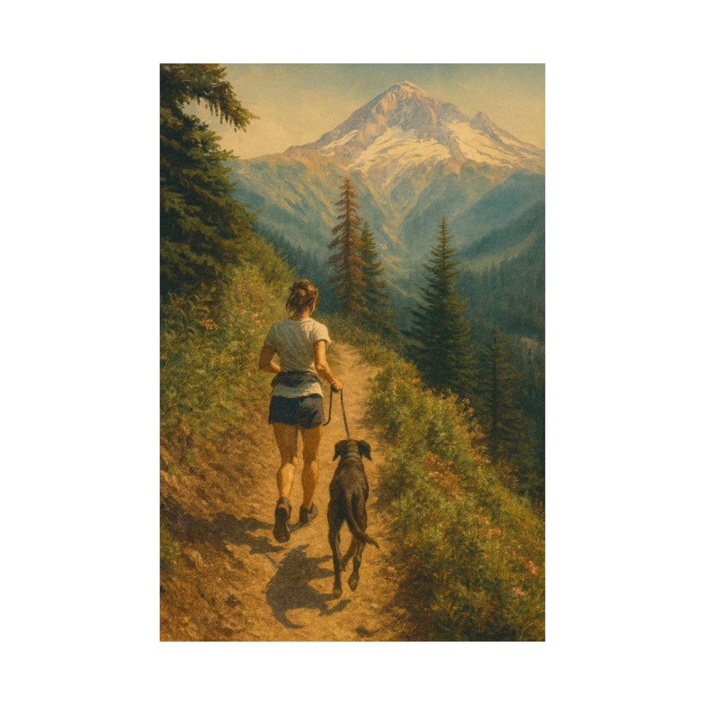 Girl with Dog running Timberline — Vertical Nature Wall Art