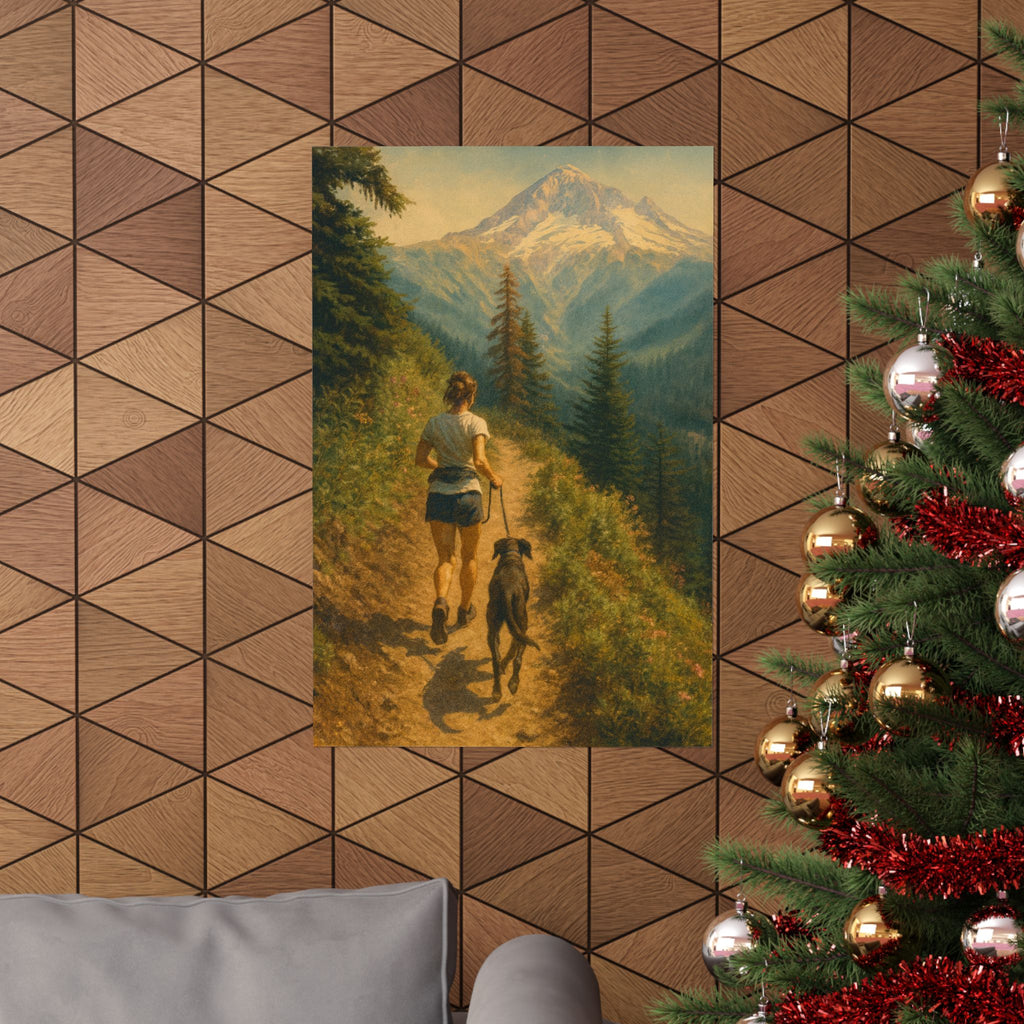 Girl with Dog running Timberline — Vertical Nature Wall Art