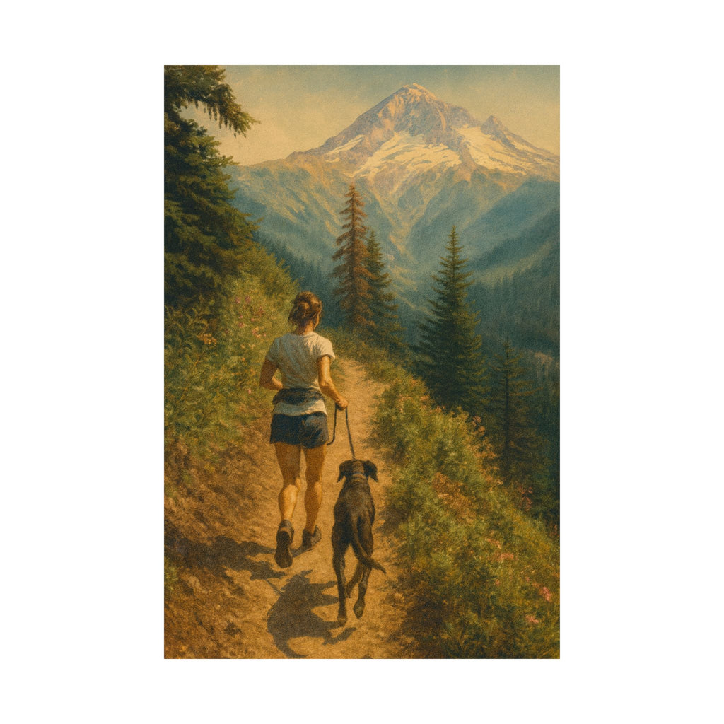 Girl with Dog running Timberline — Vertical Nature Wall Art